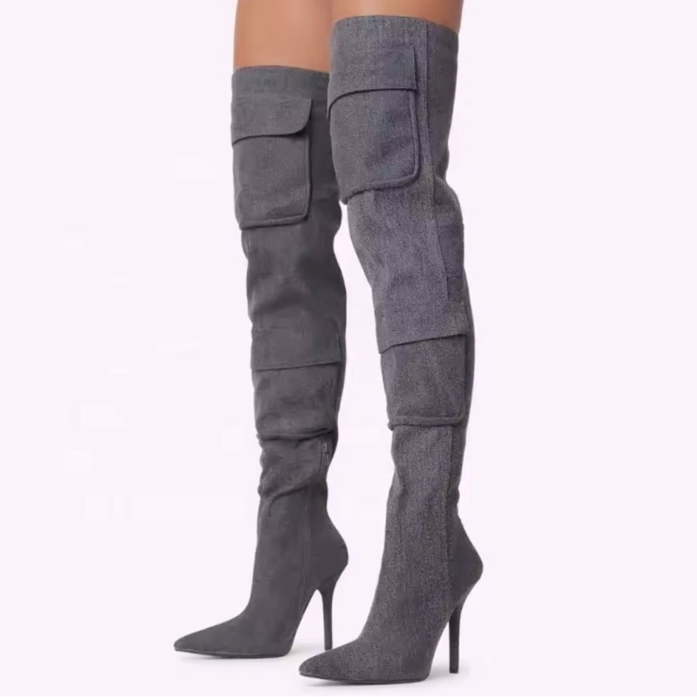 EGO CHARCOAL GRAY THIGH HIGH CARGO BOOTS